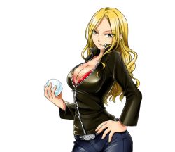 Rule 34 | 1girl, blonde hair, breasts, cleavage, jacket, julia (rave master), large breasts, long hair, looking at viewer, official art, rave