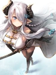 Rule 34 | 1girl, asymmetrical gloves, bare shoulders, black footwear, black gloves, black thighhighs, blue eyes, blush, braid, breasts, cleavage, draph, elbow gloves, fingerless gloves, floating hair, from above, gloves, granblue fantasy, hair ornament, hair over one eye, high heels, highres, horns, katana, large breasts, long hair, low tied hair, narmaya (granblue fantasy), pointy ears, purple hair, ripples, signature, single braid, single elbow glove, single fingerless glove, single thighhigh, sleeveless, smile, solo, sword, thigh strap, thighhighs, uneven gloves, usuki (graygreed), walking, weapon