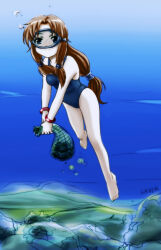 Rule 34 | 1girl, air bubble, artist name, bangle, barefoot, blue eyes, blue one-piece swimsuit, bracelet, breasts, bubble, diving mask, freediving, goggles, jewelry, long hair, medium breasts, net, ocean, one-piece swimsuit, original, saver (artbysaver), seashell, shell, signature, solo, swimming, swimsuit, underwater