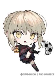 Rule 34 | 1girl, artoria pendragon (all), artoria pendragon (fate), ball, black shirt, black skirt, black socks, blonde hair, burger, chibi, closed mouth, fate/grand order, fate (series), food, hair between eyes, holding, holding food, kneehighs, looking to the side, nipi27, official art, saber alter, shirt, short sleeves, sidelocks, skirt, soccer ball, socks, solo, tongue, tongue out, yellow eyes