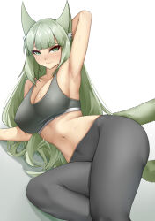 Rule 34 | 1girl, absurdres, animal ear fluff, animal ears, arknights, arm up, armpits, bare shoulders, breasts, casperrin, cat ears, cat tail, cleavage, commentary, crop top, gradient background, green eyes, green hair, grey background, grey pants, harmonie (arknights), highres, large breasts, leggings, long hair, looking at viewer, midriff, navel, pants, solo, sports bra, stomach, sweat, tail, thighs, very long hair, white background