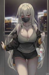 Rule 34 | 1girl, absurdres, bag, bare shoulders, biya (1024), black jacket, black shorts, blurry, blurry background, blush, breasts, building, can, city, cleavage, collarbone, depth of field, doorway, facing viewer, hair between eyes, highres, holding, holding bag, jacket, large breasts, leaning forward, long eyelashes, long hair, looking at viewer, mask, mouth mask, night, night sky, off-shoulder jacket, off shoulder, original, red eyes, shirt, shorts, sidelocks, signature, sky, sleeveless, sleeveless shirt, solo, tank top, thigh gap, thighs, very long hair, white hair