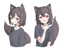 Rule 34 | 1girl, absurdres, animal ear fluff, animal ears, black shirt, blush, brown hair, ellu, fang, hand on own chin, highres, looking at viewer, multiple views, open mouth, original, red eyes, shirt, skin fang, smile, stroking own chin, t-shirt, tail, upper body