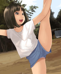 Rule 34 | 1girl, absurdres, aged down, anyannko, arms up, black eyes, black hair, blue shorts, brown eyes, child, cloud, collarbone, day, eyebrows, eyelashes, female focus, forest, happy, highres, leg up, medium hair, nature, open mouth, original, outdoors, panties, pantyshot, shiny clothes, shiny skin, shirt, short sleeves, shorts, sky, smile, solo, solo focus, standing, standing on one leg, straight hair, sunlight, teeth, thighhighs, tongue, tree, underwear, upshorts, white shirt