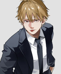 Rule 34 | 1boy, black necktie, black pants, black suit, blonde hair, brown eyes, chainsaw man, collared shirt, denji (chainsaw man), fang, formal, hair between eyes, hand in pocket, highres, jacket, looking at viewer, male focus, mkyn29, necktie, pants, shirt, short hair, solo, suit, suit jacket, tongue, tongue out, white shirt