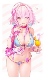 Rule 34 | 1girl, ahoge, between breasts, bikini, blue hair, blush, bracelet, breasts, choker, cleavage, cup, fang, fanny pack, flower, hair between eyes, hair flower, hair ornament, heart, highres, holding, holding cup, idolmaster, idolmaster cinderella girls, jewelry, large breasts, looking at viewer, multicolored hair, open mouth, pink choker, pink eyes, pink hair, purple flower, ring, shiba 0, short hair, simple background, solo, standing, swimsuit, two-tone hair, white background, yumemi riamu