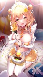 Rule 34 | 1girl, :d, absurdres, ahoge, anto mel, aria (koiiroharemoyou), blurry, blurry background, blush, box, breasts, cake, candle, cleavage, commentary request, detached collar, detached sleeves, double-parted bangs, double bun, eyelashes, feet out of frame, flower, food, frilled skirt, frills, gift, gift box, hair between eyes, hair bun, hands up, happy, happy birthday, heart, heart-shaped pupils, heart ahoge, highres, holding, holding flower, indie virtual youtuber, indoors, knees together feet apart, large breasts, looking at viewer, maid, maid headdress, medium hair, miniskirt, mole, mole under eye, navel, necktie, on bed, open mouth, orange flower, orange hair, orange necktie, orange skirt, short necktie, sitting, skirt, sleeves past wrists, smile, solo, sparkling eyes, symbol-shaped pupils, thighhighs, virtual youtuber, white sleeves, white thighhighs, yellow eyes, yellow flower