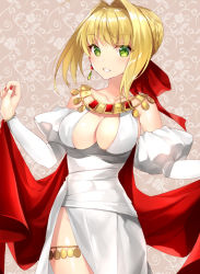 Rule 34 | 10s, 1girl, bare shoulders, blonde hair, braid, breasts, cleavage, collarbone, cowboy shot, detached sleeves, dress, earrings, fate/extra, fate/grand order, fate (series), fingernails, floral background, french braid, green eyes, hair intakes, hair ribbon, jewelry, kagachi saku, large breasts, looking at viewer, nail polish, nero claudius (fate), nero claudius (fate) (all), nero claudius (fate/extra), nero claudius (formal dress) (fate), official alternate costume, outstretched arms, parted lips, puffy detached sleeves, puffy sleeves, red nails, red ribbon, ribbon, shawl, short hair, solo, white dress