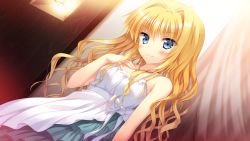 Rule 34 | 1girl, bare shoulders, blonde hair, blue eyes, blush, casual, dress, dutch angle, eve elain austin, game cg, hair intakes, hand on own chest, highres, jewelry, koiken otome, lamp, long hair, looking at viewer, necklace, official art, smile, solo, tateha (marvelous grace), wavy hair