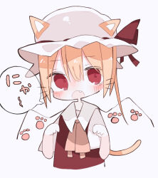 Rule 34 | 1girl, animal ears, ascot, blonde hair, blush, cat ears, cat girl, cat tail, fang, flandre scarlet, hat, hat ribbon, highres, medium hair, mob cap, nacht musik, open mouth, red eyes, ribbon, solo, tail, touhou, yellow ascot