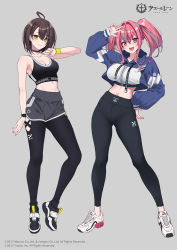 Rule 34 | 2girls, :d, ahoge, arm at side, arm up, azur lane, baltimore (azur lane), bare shoulders, black choker, black footwear, black leggings, black sports bra, blush, bow, braid, breasts, bremerton (azur lane), brown hair, choker, cleavage, closed mouth, clothing cutout, commentary request, copyright name, crop top, cropped jacket, crossed bangs, fukai ryosuke, gluteal fold, grey background, grey hair, grey shorts, hair bow, hand on own hip, hand up, high-waist shorts, highres, large breasts, leggings, leggings under shorts, long hair, long sleeves, looking at viewer, medium breasts, midriff, multicolored hair, multiple girls, open mouth, pantyhose, red eyes, red hair, shoes, short hair, short shorts, shorts, simple background, smartwatch, smile, sneakers, sports bra, sportswear, standing, stomach, streaked hair, teeth, twintails, upper teeth only, w, watch, white footwear, wristband, wristwatch, yellow eyes