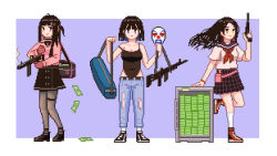 Rule 34 | 1girl, 3girls, aiming up, assault rifle, bag, banknote, belt, belt pouch, black bag, black bow, black bowtie, black camisole, black choker, black footwear, black hair, black skirt, blue bag, blue eyes, blue pants, blue sailor collar, blunt bangs, blunt ends, blush, border, bow, bowtie, breasts, camisole, choker, closed mouth, clown mask, collarbone, commentary, currency strap, denim, dollar bill, dress shirt, duffel bag, english commentary, floating hair, foot up, full body, grey pantyhose, gun, hair ornament, hair ribbon, hairclip, handbag, handgun, high tops, highres, holding, holding bag, jeans, long hair, looking ahead, looking to the side, mask, medium breasts, medium hair, mittens, money, multiple girls, neckerchief, nino berlin, original, outside border, pants, pantyhose, pink belt, pink mittens, pink ribbon, pink sweater, pixel art, plaid, plaid skirt, pouch, purple background, red bracelet, red eyes, red footwear, red neckerchief, ribbon, rifle, safe (container), sailor collar, school uniform, shirt, shoes, short sleeves, skirt, sleeveless, smile, smoke, smoking barrel, sneakers, socks, standing, straight-on, strap, strap slip, suppressor, sweater, torn clothes, torn jeans, torn pants, two side up, weapon, white border, white shirt, white socks, wind, x hair ornament, yellow eyes