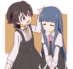 Rule 34 | 2girls, :d, aayh, akagi miria, arm up, black dress, black hair, blue hair, bow, brown background, brown eyes, center frills, closed eyes, closed mouth, collared shirt, commentary request, dress, frilled dress, frills, hair between eyes, headpat, idolmaster, idolmaster cinderella girls, long hair, long sleeves, lowres, multiple girls, open mouth, pinafore dress, pink bow, puffy long sleeves, puffy sleeves, sajo yukimi, shirt, signature, sleeveless, sleeveless dress, smile, striped bow, two-tone background, two side up, very long hair, white background, white shirt