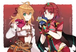 Rule 34 | 2girls, blonde hair, breasts, closed mouth, covered navel, earrings, fingerless gloves, fiora (xenoblade), gloves, green eyes, happy valentine, jewelry, long hair, looking at viewer, mugimugis, multiple girls, pyra (xenoblade), red eyes, red hair, short hair, smile, swept bangs, tiara, valentine, xenoblade chronicles (series), xenoblade chronicles 1, xenoblade chronicles 2