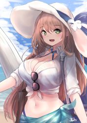 Rule 34 | 1girl, :d, absurdres, bag, beach umbrella, bikini, bikini under clothes, black-framed eyewear, blush, breasts, brown hair, cleavage, collarbone, collared shirt, commentary request, day, eyewear hang, flower, girls&#039; frontline, green eyes, hat, hat flower, highres, hiromaster sinta jh, large breasts, long hair, looking at viewer, navel, o-ring, o-ring bikini, o-ring top, official alternate costume, open mouth, outdoors, sarong, see-through, shirt, shoulder bag, signature, sleeves pushed up, smile, solo, springfield (girls&#039; frontline), springfield (stirring mermaid) (girls&#039; frontline), stomach, sun hat, sunglasses, swimsuit, tareme, tied shirt, umbrella, unworn eyewear, upper body, very long hair, white bikini, white flower, white hat
