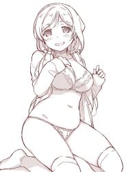 Rule 34 | 1girl, blush, bra, breasts, duke (inu daimyou), greyscale, grin, hand on own chest, hood, hood up, hooded jacket, jacket, long hair, long sleeves, looking at viewer, love live!, love live! school idol project, medium breasts, monochrome, navel, no shoes, over-kneehighs, panties, sitting, sleeves past wrists, smile, solo, thighhighs, tojo nozomi, twintails, underwear