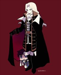 Rule 34 | 2boys, alucard (castlevania), ascot, black cape, black coat, black footwear, black gloves, blonde hair, boots, brown eyes, cape, castlevania (series), chain, chibi, closed mouth, coat, collared cape, collared coat, full body, gloves, kotorai, long hair, male focus, multiple boys, no nose, red background, richter belmont, signature, standing, white ascot