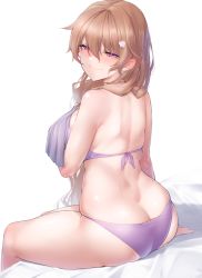 Rule 34 | 1girl, absurdres, arm at side, arm support, arm under breasts, ass, bikini, blush, breast hold, breasts, brown hair, butt crack, closed mouth, commentary request, earrings, from behind, hack, hair between eyes, hair ornament, hair over shoulder, highres, jewelry, konoe kanata, large breasts, long hair, looking at viewer, looking back, love live!, love live! nijigasaki high school idol club, nasuno (nasuno42), purple bikini, purple eyes, shiny skin, sitting, skindentation, smile, solo, sweat, swimsuit, very long hair