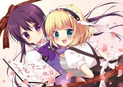 2girls :d abstract_background apron aqua_eyes blonde_hair bow closed_mouth collared_shirt copyright_name falling_petals fleur_de_lapin_uniform gochuumon_wa_usagi_desu_ka? hair_ornament hairclip kirima_syaro light_blush miyasaka_naco multiple_girls open_mouth petals puffy_short_sleeves puffy_sleeves purple_apron purple_bow purple_eyes purple_hair rabbit_house_uniform shirt short_sleeves smile tedeza_rize tippy_(gochiusa) translation_request twintails white_shirt