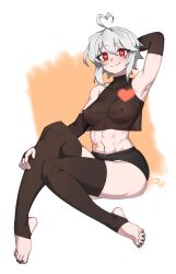 Rule 34 | 1girl, ahoge, arm behind head, arm up, black nails, black shirt, black shorts, black thighhighs, breasts, bridal gauntlets, commentary, commission, covered collarbone, covered erect nipples, crop top, difman, english commentary, feet, full body, grey hair, hair between eyes, heart, heart-shaped pupils, heart ahoge, highres, legs, medium breasts, nail polish, navel, nipples, no shoes, original, red eyes, see-through, shirt, short shorts, shorts, signature, sitting, sleeveless, sleeveless shirt, solo, stirrup legwear, symbol-shaped pupils, thighhighs, toeless legwear, toenail polish, toenails, toes