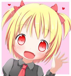Rule 34 | 1girl, :d, arm up, black vest, blonde hair, blush, bow, collared shirt, commentary request, dutch angle, fang, fingernails, grey shirt, hair bow, heart, highres, juliet sleeves, long sleeves, looking at viewer, makuran, necktie, open mouth, pink background, puffy sleeves, red bow, red eyes, red necktie, rumia, shirt, smile, solo, touhou, two-tone background, two side up, vest, white background