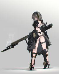 Rule 34 | 1girl, absurdres, armor, ass, backless outfit, bayonet, blush, buckler, chromatic aberration, female focus, from behind, full body, glowing, gun, hairband, high heels, highres, looking back, oota youjo, original, rifle, shield, short hair, simple background, smoke, solo, standing, thigh strap, weapon, yellow eyes