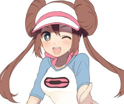 Rule 34 | 1girl, ;d, blush, bow, breasts, bright pupils, brown hair, commentary request, creatures (company), double bun, eyelashes, game freak, hair bun, long hair, looking at viewer, nasakixoc, nintendo, one eye closed, open mouth, pink bow, pokemon, pokemon bw2, raglan sleeves, rosa (pokemon), sidelocks, simple background, smile, solo, teeth, tongue, twintails, upper body, upper teeth only, visor cap, white background, white pupils