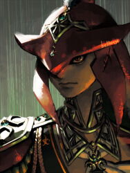 Rule 34 | 1boy, armor, artist name, bellhenge, chin, closed mouth, collar, commentary, english commentary, fish boy, frown, green background, grey collar, helmet, high collar, male focus, nintendo, one eye covered, rain, red eyes, red headwear, shoulder pads, sidon, solo, the legend of zelda, the legend of zelda: breath of the wild, upper body