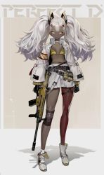 Rule 34 | 1girl, absurdres, ammunition, ammunition belt, ankle boots, arms at sides, assault rifle, asymmetrical legwear, belt, boots, breasts, clip (weapon), contrapposto, dark-skinned female, dark skin, expressionless, finger on trigger, full body, gloves, gun, gun request, hair ornament, hairclip, highres, jacket, knee pads, long hair, looking at viewer, open clothes, open jacket, original, rifle, shycocoa, simple background, skirt, small breasts, solo, twintails, uneven legwear, weapon, white hair, yellow eyes