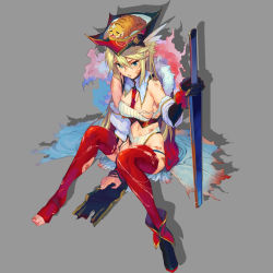 Rule 34 | 1girl, animal, animal on head, blonde hair, blue eyes, cat, dirty, feathers, full body, hat, highres, midriff, navel, on head, peroshi (graphic loops), pout, shoes, single shoe, solo, sword, thighhighs, toes, torn clothes, weapon