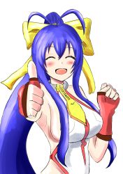 Rule 34 | 1girl, :d, ^ ^, antenna hair, backless outfit, bare shoulders, blazblue, blazblue: central fiction, blazblue variable heart, blue hair, bow, breasts, clenched hand, closed eyes, fingerless gloves, genderswap, genderswap (mtf), gloves, hair between eyes, hair bow, halterneck, hanabishiano, highres, large breasts, long hair, mai natsume, no bra, open mouth, ponytail, red gloves, revealing clothes, ribbon, sideboob, sidelocks, smile, solo, standing, thumbs up, very long hair, weapon, yellow bow