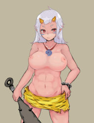 Rule 34 | 1girl, abs, animal print, beige background, bracelet, breasts, chain, club, club (weapon), colored skin, cowboy shot, facial mark, flipped hair, hand on own hip, holding, holding weapon, horns, jewelry, kanabou, large breasts, light frown, loincloth, looking at viewer, magatama, megane chuu, necklace, nipples, obi, oni, original, pendant, pink skin, pointy ears, red eyes, sash, setsubun, silver hair, simple background, solo, spiked club, tiger print, toned, topless, weapon