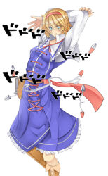 Rule 34 | 1girl, alice margatroid, arms up, blonde hair, blue dress, blue eyes, book, boots, breasts, brown footwear, capelet, closed mouth, commentary request, cookie (touhou), cross-laced clothes, cross-laced dress, cross-laced footwear, dress, eyes visible through hair, feet out of frame, frilled dress, frills, hair between eyes, hairband, hyper muteki (ningen no kuzu), jojo no kimyou na bouken, jojo pose, looking at viewer, medium breasts, menacing (jojo), red hairband, red sash, sakuranbou (cookie), sash, shirt, short hair, simple background, smile, solo, touhou, white background, white capelet, white shirt