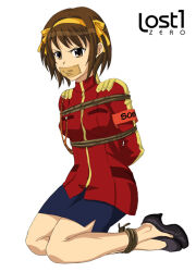 Rule 34 | 1girl, arms behind back, bdsm, bondage, bound, bound ankles, breasts, brown eyes, brown hair, gag, gagged, high heels, improvised gag, lost one zero, medium breasts, suzumiya haruhi, suzumiya haruhi no yuuutsu, tape, tape gag, the day of sagittarius