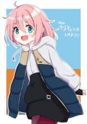 Rule 34 | 1girl, :d, absurdres, ao (flowerclasse), arms behind back, black hoodie, blue eyes, blue jacket, commentary request, cowboy shot, drawstring, hair between eyes, highres, hood, hood down, hoodie, jacket, kagamihara nadeshiko, long sleeves, looking at viewer, open clothes, open jacket, open mouth, pantyhose, pink hair, puffy long sleeves, puffy sleeves, red pantyhose, sleeveless, sleeveless jacket, smile, solo, teeth, translation request, upper teeth only, white hoodie, yurucamp