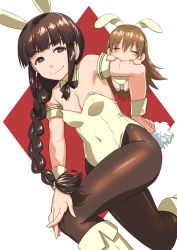 Rule 34 | 10s, 2girls, animal ears, bare shoulders, biting, black eyes, black hair, black legwear, blunt bangs, blush stickers, boots, braid, breasts, brown eyes, brown hair, brown legwear, chibi, cleavage, covered navel, detached collar, fake animal ears, hand on own hip, hand on own knee, inu (aerodog), kantai collection, kitakami (kancolle), knee boots, leotard, light smile, long hair, looking at viewer, multiple girls, on one knee, ooi (kancolle), pantyhose, playboy bunny, rabbit ears, rabbit tail, sidelocks, simple background, single braid, size difference, small breasts, smile, tail, thighs, wrist cuffs