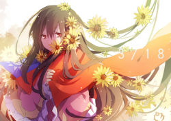 Rule 34 | 1girl, ahoge, axis powers hetalia, brown hair, china dress, chinese clothes, dated, dress, flag, flower, frilled sleeves, frills, hair flower, hair ornament, huge ahoge, long hair, long sleeves, natural wind, pink dress, red eyes, republic of china flag, solo, sunflower, taiwan (hetalia)