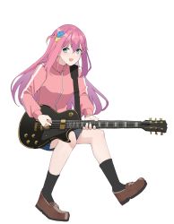 Rule 34 | 1girl, :d, absurdres, black skirt, black socks, blue eyes, bocchi the rock!, brown footwear, cube hair ornament, electric guitar, full body, gar32, gotoh hitori, grey background, guitar, hair between eyes, hair ornament, highres, holding, holding instrument, instrument, jacket, loafers, long sleeves, looking at viewer, one side up, open mouth, pink hair, pink jacket, pleated skirt, shoes, simple background, sitting, skirt, smile, socks, solo, track jacket