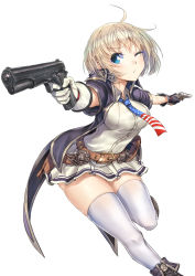 Rule 34 | 1girl, ahoge, american flag, american flag print, bad id, bad pixiv id, belt, blonde hair, blue eyes, blush, breasts, dual wielding, flag print, girls&#039; frontline, gloves, gun, handgun, highres, holding, holding gun, holding weapon, jacket, m1911, m1911 (girls&#039; frontline), medium breasts, necktie, one eye closed, open mouth, pleated skirt, short hair, simple background, skirt, solo, thighhighs, weapon, white background, white thighhighs, wide hips, zombie mogura