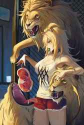 Rule 34 | 1girl, absurdres, animal ears, arknights, black collar, blonde hair, breasts, candy, chain-link fence, cleavage, collar, fence, food, fur-trimmed shorts, fur trim, highres, large breasts, lion, lion ears, lion girl, lion tail, lollipop, long hair, meat, open mouth, rasipan, red shorts, shorts, siege (arknights), tail, tank top, teeth, white tank top, yellow eyes