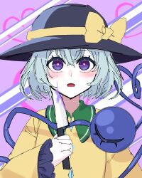 blood blood_on_face blush frills green_hair hair_between_eyes hat heart holding holding_knife knife komeiji_koishi long_sleeves monima6789 one-hour_drawing_challenge open_mouth purple_blood purple_eyes shirt third_eye touhou upper_body yellow_shirt