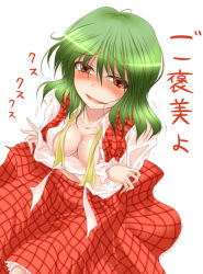 Rule 34 | 1girl, breast hold, breasts, cleavage, dutch angle, female focus, from above, green hair, kazami yuuka, large breasts, open clothes, open shirt, plaid, plaid skirt, plaid vest, red eyes, shimo (depthbomb), shirt, short hair, skirt, skirt set, smile, solo, touhou, translated, untied, vest