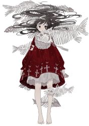 Rule 34 | 1girl, animal print, bare legs, bat print, bity3155660241, black eyes, black hair, commentary request, cross, cross print, dress, feet, fish skeleton, floating hair, frilled sleeves, frills, full body, knees, layered dress, long hair, long sleeves, looking at viewer, original, parted lips, patch, puffy long sleeves, puffy sleeves, red cross, red dress, red sleeves, simple background, solo, straight-on, toes, wavy hair, white background, white dress