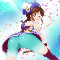 Rule 34 | 1girl, akizuki ritsuko, ass, asymmetrical legwear, bike shorts, blush, braid, brown eyes, brown hair, cameltoe, dress, earrings, from behind, from below, glasses, hat, idolmaster, idolmaster (classic), jewelry, looking at viewer, looking back, microphone, mismatched legwear, noukatu, open mouth, pants, single braid, solo, thighhighs, tight clothes, tight pants, wrist cuffs