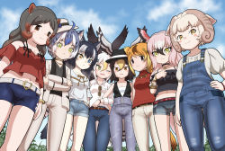 Rule 34 | animalization, belt, black eyes, brown eyes, character request, denim, formal, hat, highres, jeans, kemono friends, kemono friends 3, looking at viewer, multiple girls, overalls, pants, red sweater, sheep (kemono friends), shirt, short shorts, shorts, sky, suit, sunglasses, sweater, white shirt, white suit, winged hat, wings, yellow eyes