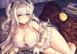 Rule 34 | 1girl, azur lane, bare shoulders, bed sheet, bird, blue eyes, blush, book, breasts, buran (22x), cleavage, closed mouth, elbing (azur lane), elbing (sleepless night&#039;s wishes) (azur lane), heterochromia, large breasts, long hair, looking at viewer, lying, manjuu (azur lane), nightgown, on bed, on side, red eyes, sweatdrop, thighs, two side up, white hair