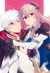 Rule 34 | 1boy, 1girl, artist name, black coat, black hairband, blue cape, brown eyes, cape, carrying, coat, corrin (female) (fire emblem), corrin (fire emblem), crossover, fire emblem, fire emblem awakening, fire emblem fates, gloves, grey hair, hairband, highres, hood, hooded coat, kiriya (552260), long hair, looking at another, looking at viewer, nintendo, one eye closed, pointy ears, princess carry, red eyes, robin (fire emblem), robin (male) (fire emblem), smile, sweat, white hair