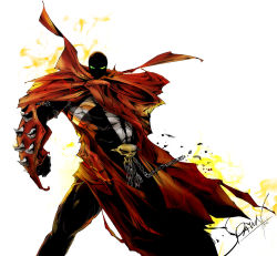 Rule 34 | 1boy, cape, chain, character name, gauntlets, glowing, glowing eyes, green eyes, image comics, male focus, solo, spawn, spawn (spawn), white background, yumi (soak1111)