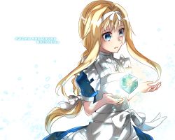 Rule 34 | 1girl, alice zuberg, apron, blonde hair, blue eyes, blue skirt, copyright name, cube, dress shirt, floating hair, hairband, highres, long hair, mady (madine08260), parted lips, shirt, short sleeves, simple background, skirt, solo, standing, sword art online, very long hair, white apron, white background, white hairband