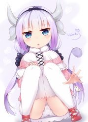 Rule 34 | 10s, 1girl, :o, artist name, bad id, bad pixiv id, beads, blue eyes, bug, butterfly, cameltoe, capelet, cleft of venus, dragon girl, full body, fur trim, gradient hair, hair beads, hair ornament, hairband, highres, horns, insect, kanna kamui, kobayashi-san chi no maidragon, light purple hair, long hair, looking at viewer, low twintails, multicolored hair, nahaki, panties, pantyshot, sin-poi, solo, squatting, tail, thighhighs, twintails, underwear, white panties, white thighhighs